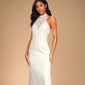 NWT Lulus Love Season White Lace Backless Halter Maxi Boho Beach Dress Size XS